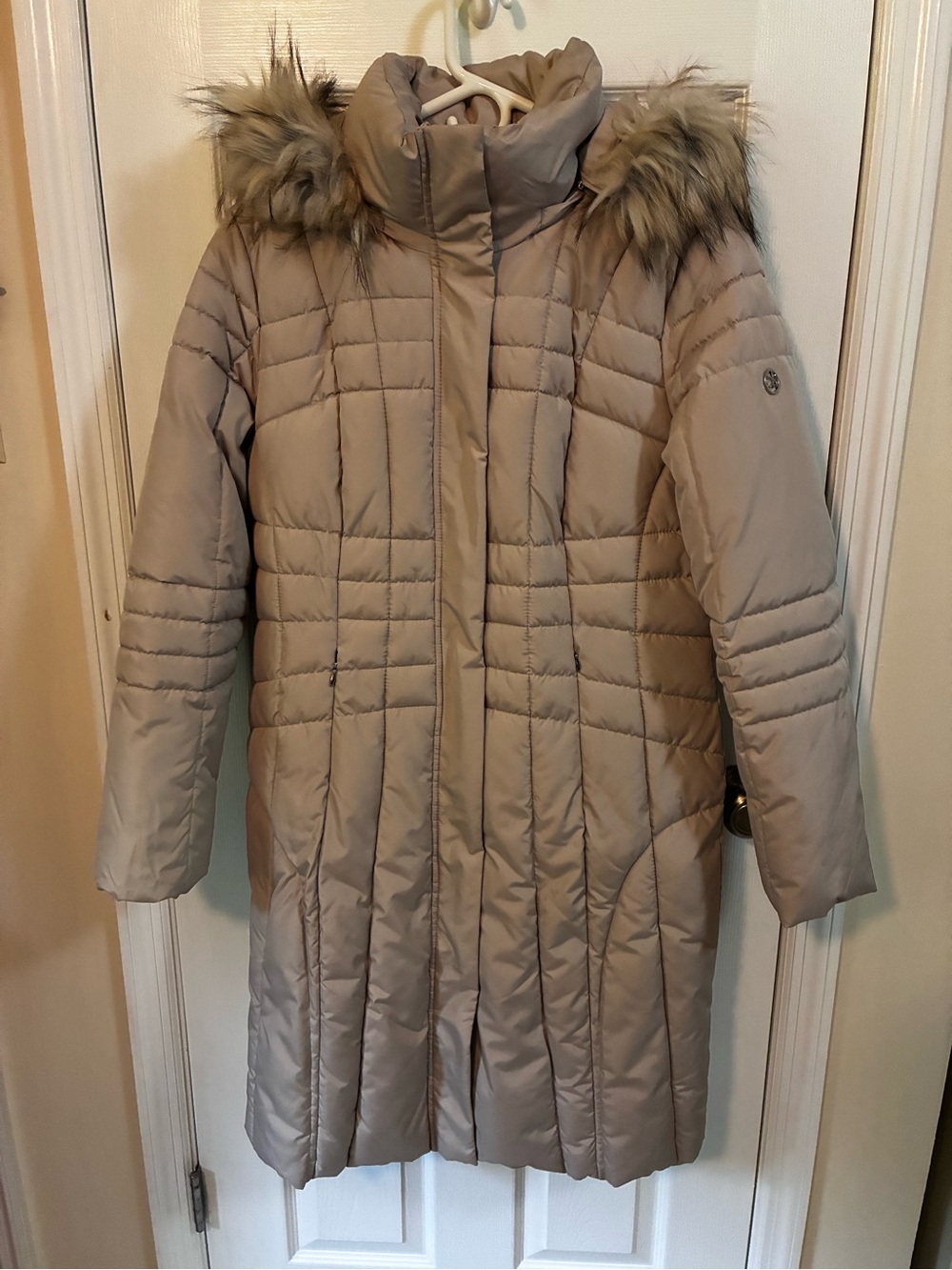 Calvin Klein Taupe Long Quilted Puffer Coat with Faux Fur Trim